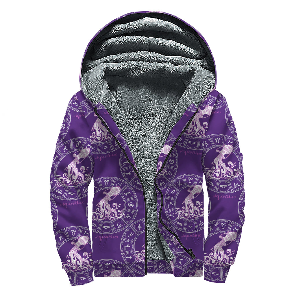 Purple Aquarius Zodiac Pattern Print Sherpa Lined Zip Up Hoodie