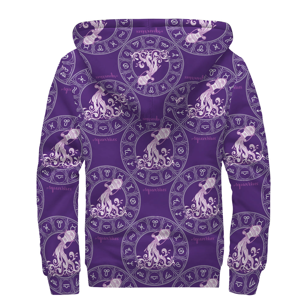 Purple Aquarius Zodiac Pattern Print Sherpa Lined Zip Up Hoodie