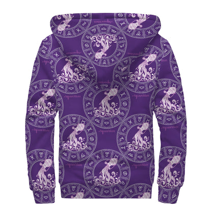 Purple Aquarius Zodiac Pattern Print Sherpa Lined Zip Up Hoodie