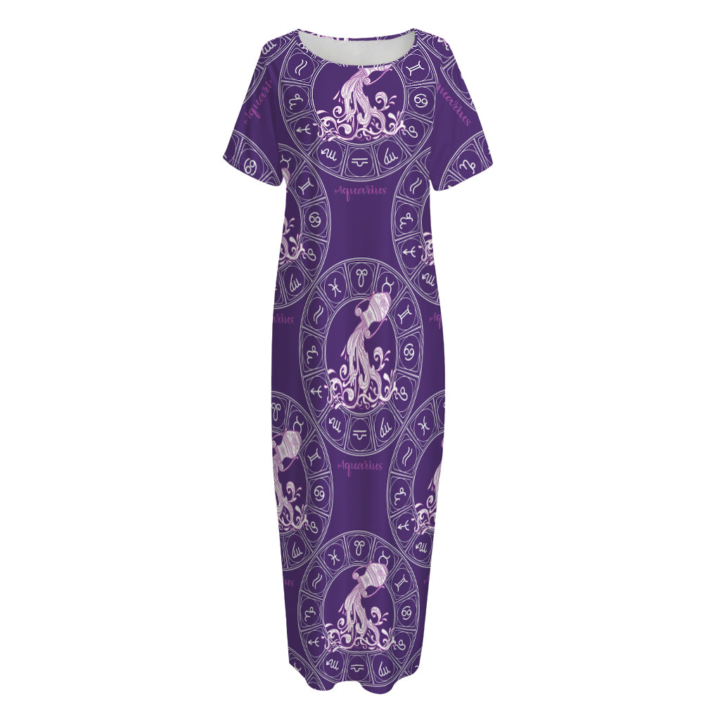 Purple Aquarius Zodiac Pattern Print Short Sleeve Long Nightdress