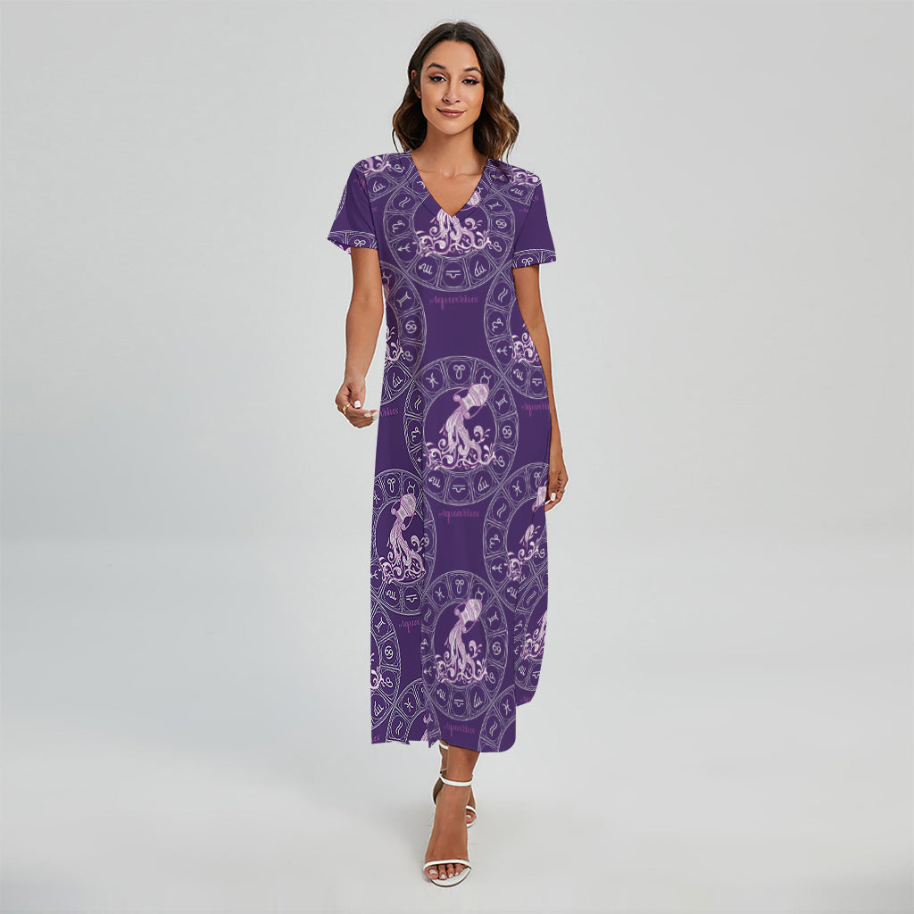 Purple Aquarius Zodiac Pattern Print Short Sleeve Maxi Dress