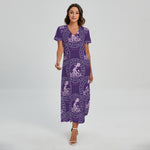 Purple Aquarius Zodiac Pattern Print Short Sleeve Maxi Dress