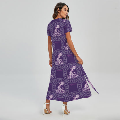 Purple Aquarius Zodiac Pattern Print Short Sleeve Maxi Dress