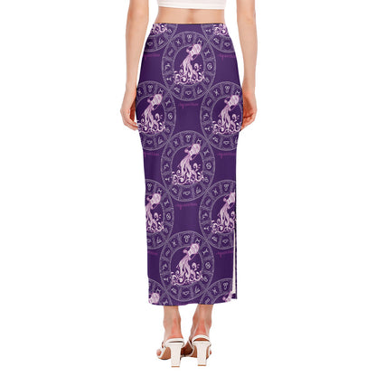 Purple Aquarius Zodiac Pattern Print Side Slit Maxi Skirt