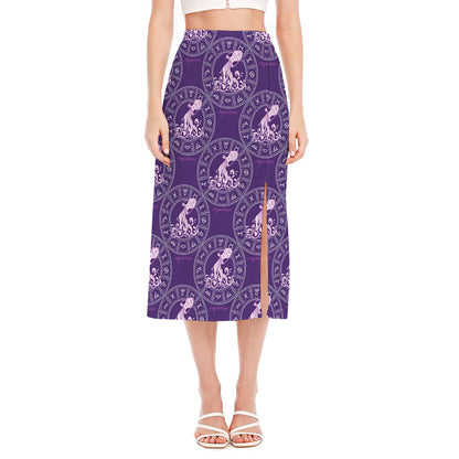 Purple Aquarius Zodiac Pattern Print Side Slit Midi Skirt