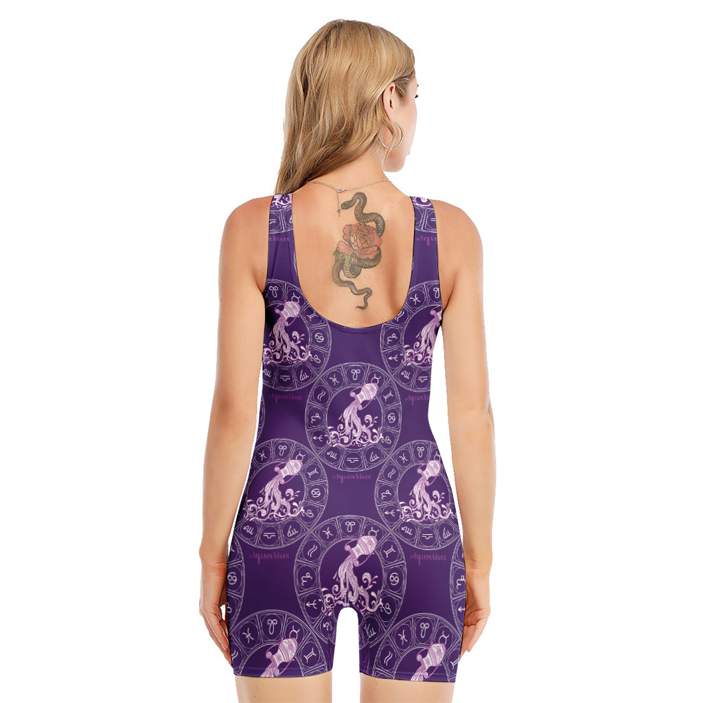 Purple Aquarius Zodiac Pattern Print Sleeveless One Piece Swimsuit