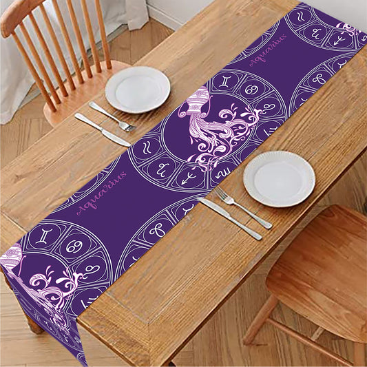 Purple Aquarius Zodiac Pattern Print Table Runner