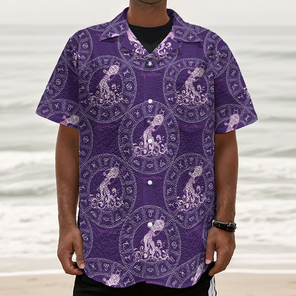 Purple Aquarius Zodiac Pattern Print Textured Short Sleeve Shirt
