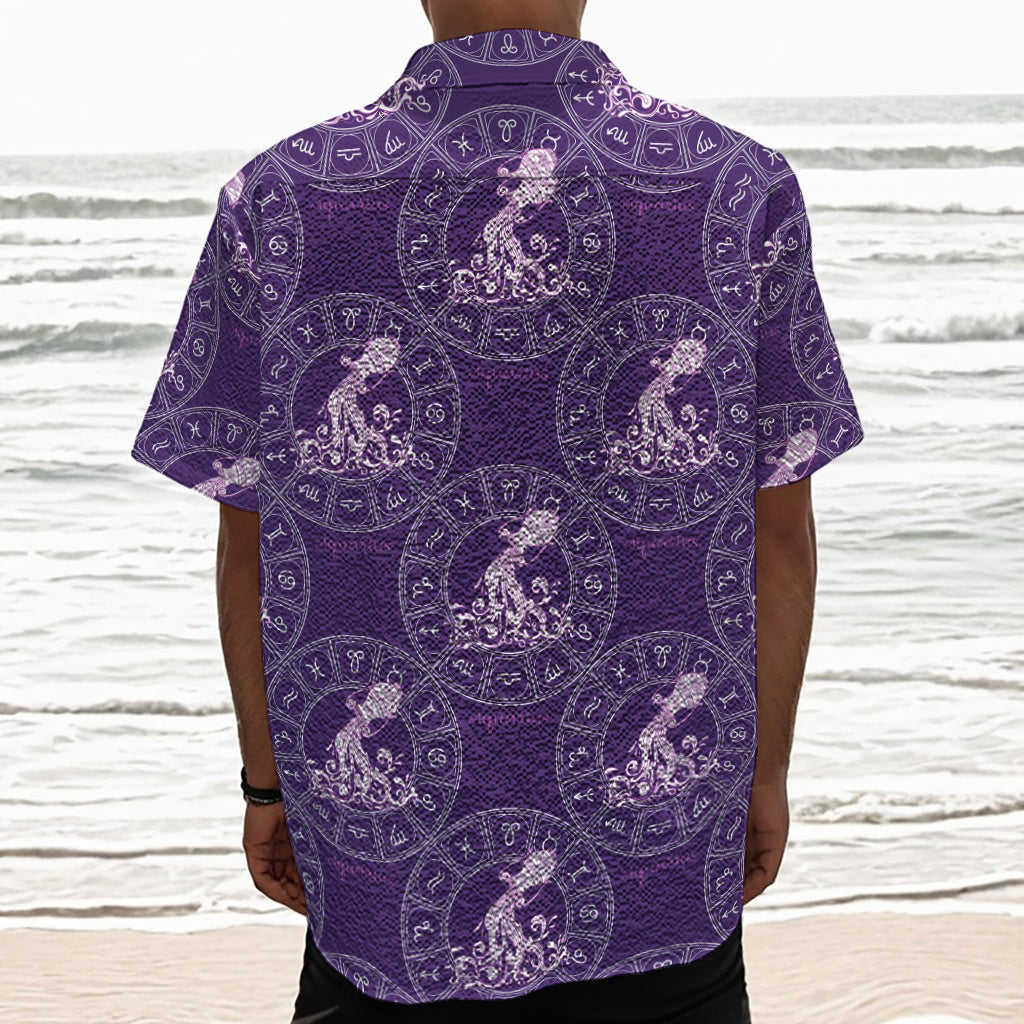 Purple Aquarius Zodiac Pattern Print Textured Short Sleeve Shirt