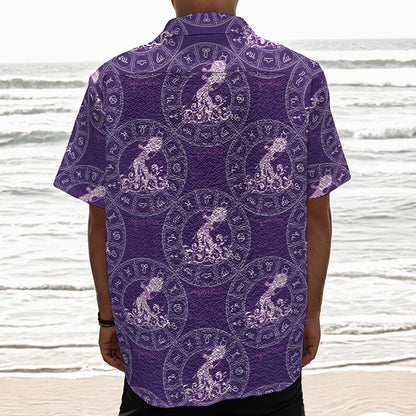 Purple Aquarius Zodiac Pattern Print Textured Short Sleeve Shirt