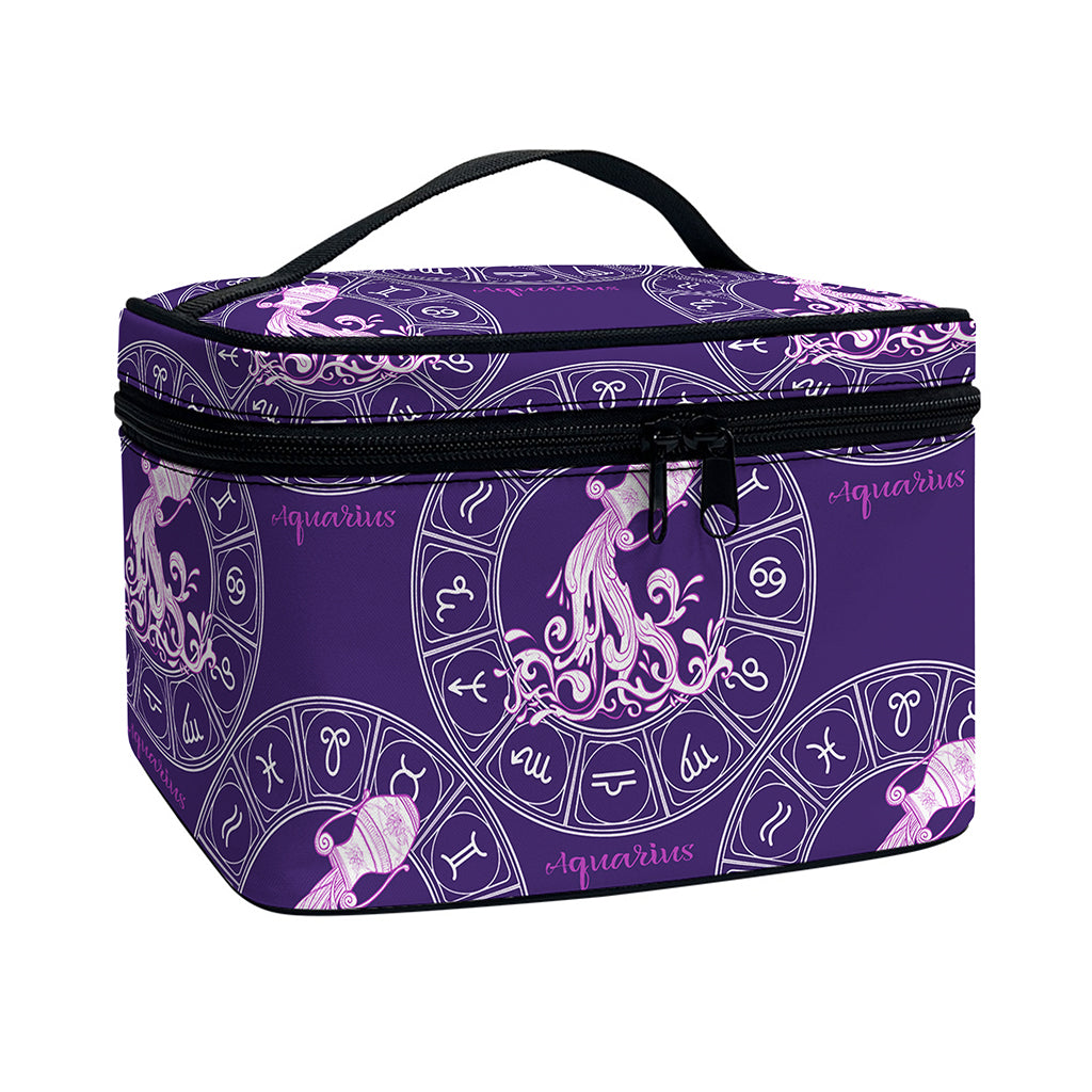 Purple Aquarius Zodiac Pattern Print Travel Makeup Bag