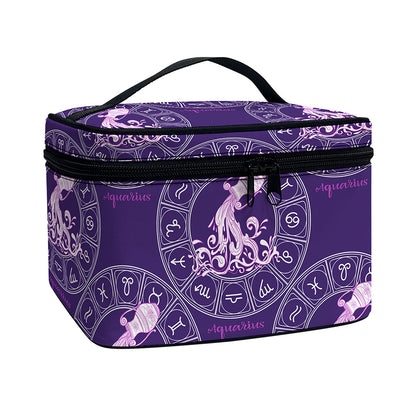 Purple Aquarius Zodiac Pattern Print Travel Makeup Bag