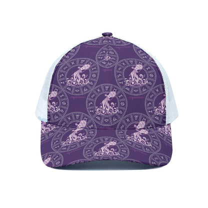 Purple Aquarius Zodiac Pattern Print White Mesh Trucker Cap