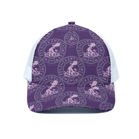 Purple Aquarius Zodiac Pattern Print White Mesh Trucker Cap