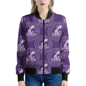 Purple Aquarius Zodiac Pattern Print Women's Bomber Jacket