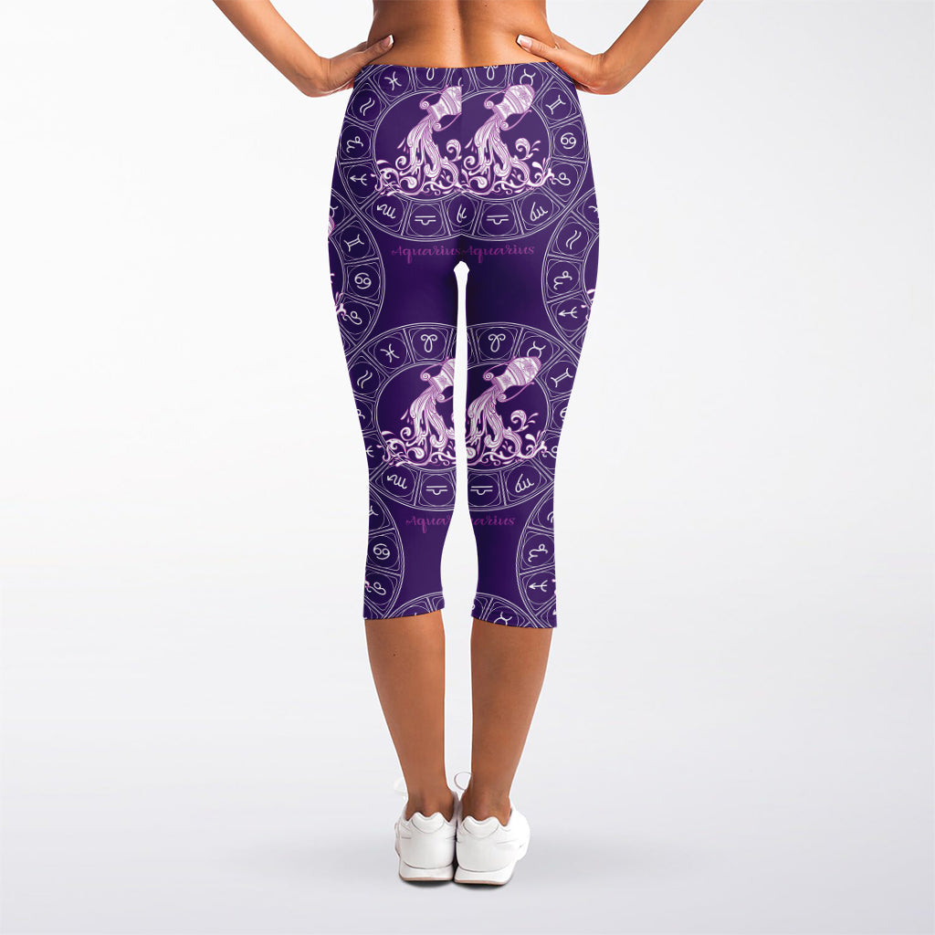 Purple Aquarius Zodiac Pattern Print Women's Capri Leggings