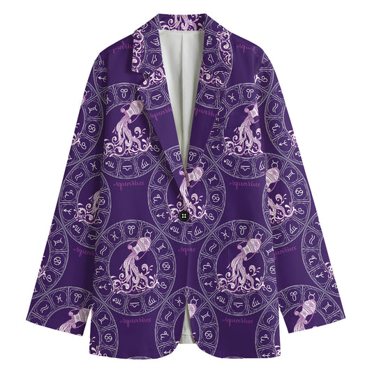 Purple Aquarius Zodiac Pattern Print Women's Cotton Blazer