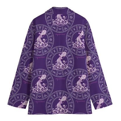 Purple Aquarius Zodiac Pattern Print Women's Cotton Blazer