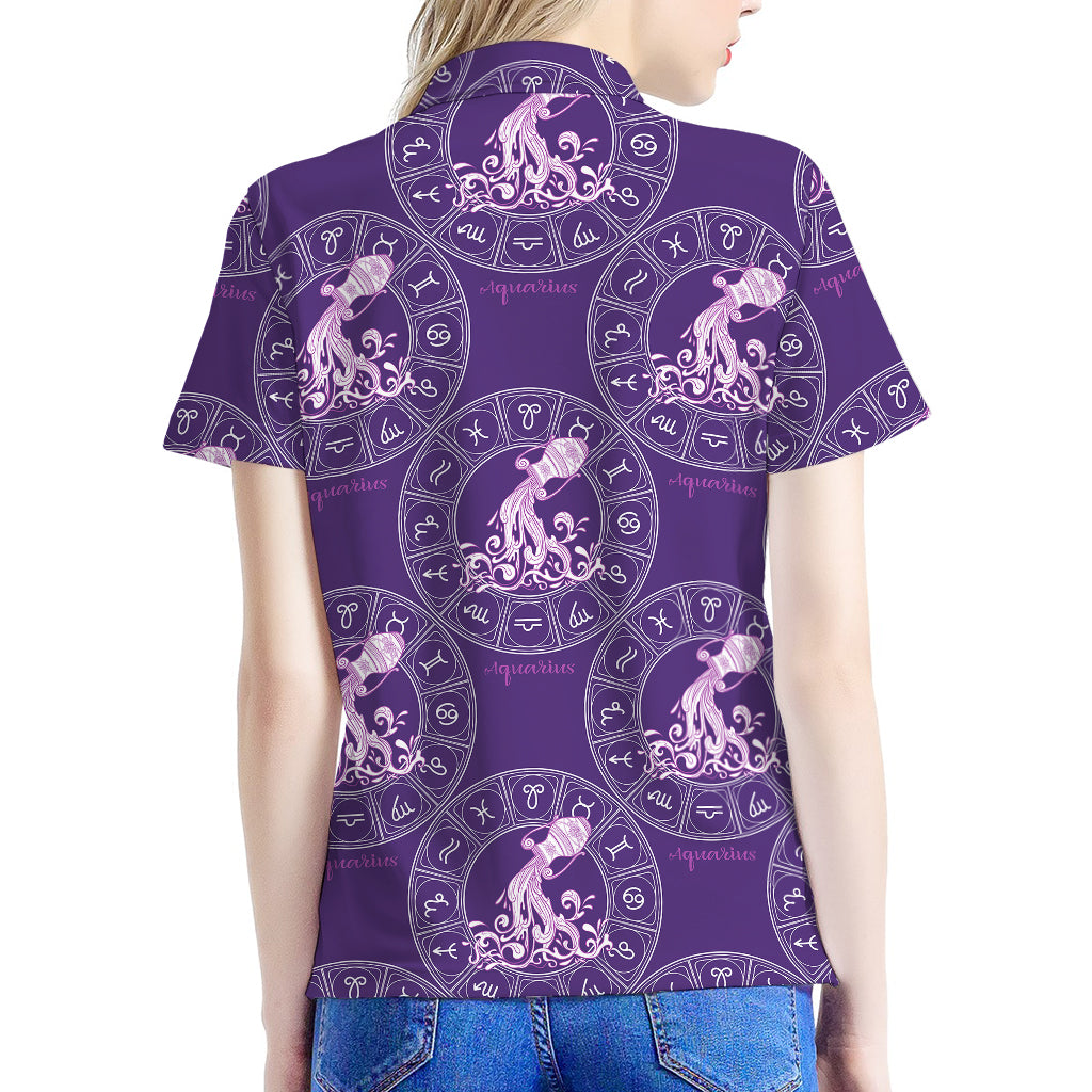 Purple Aquarius Zodiac Pattern Print Women's Polo Shirt