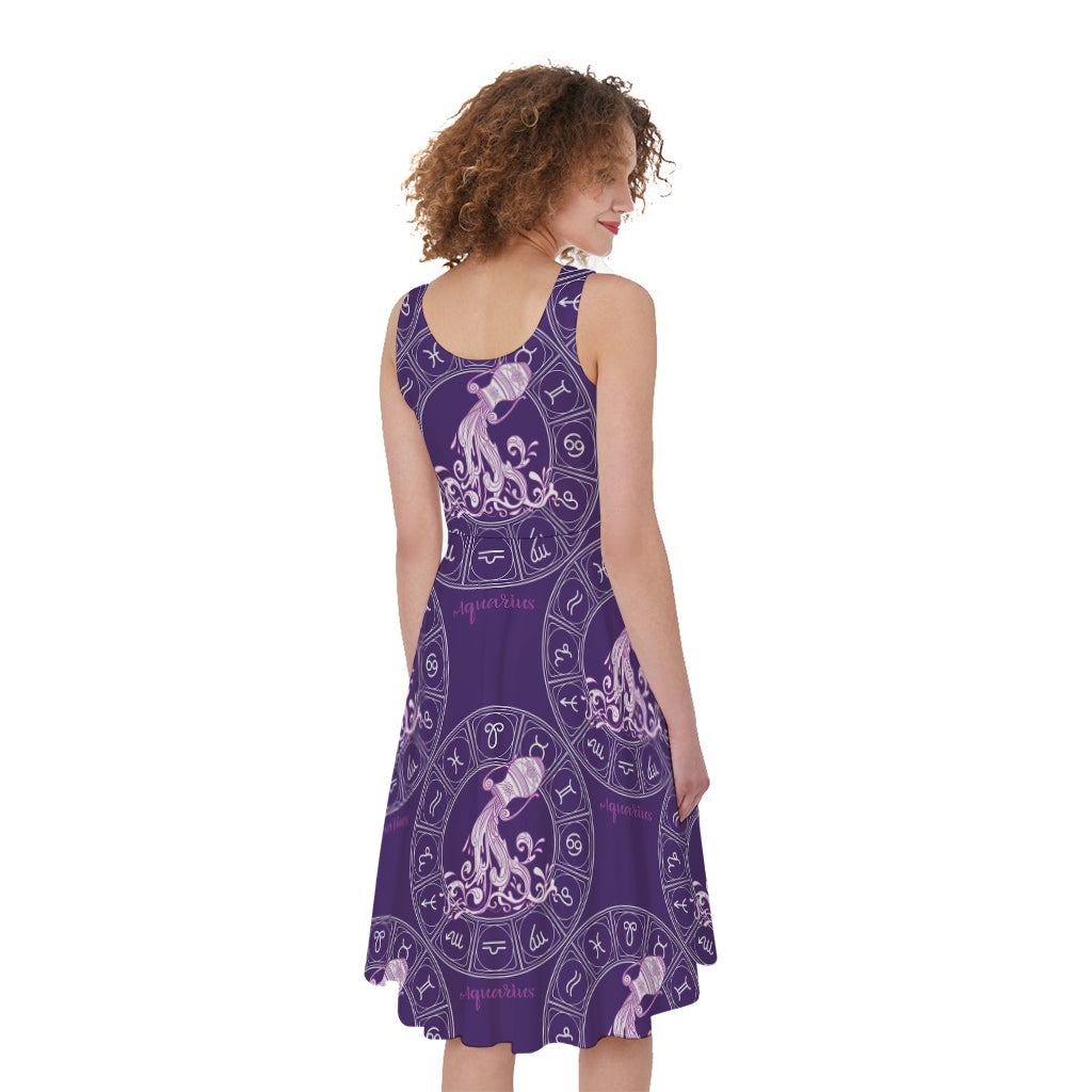 Purple Aquarius Zodiac Pattern Print Women's Sleeveless Dress