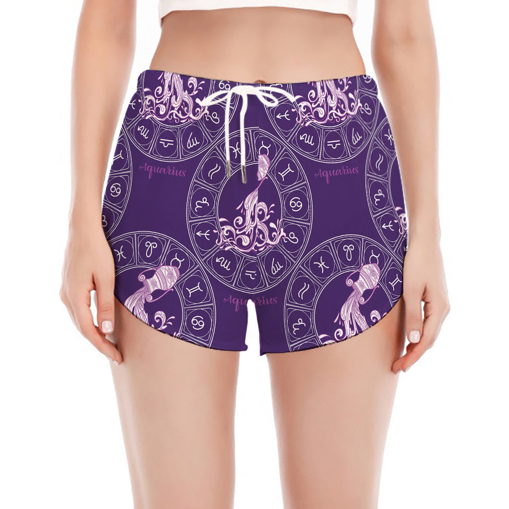 Purple Aquarius Zodiac Pattern Print Women's Split Running Shorts