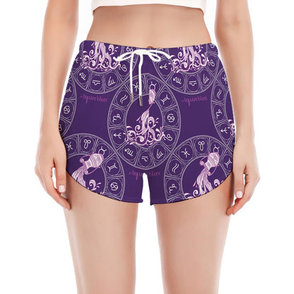 Purple Aquarius Zodiac Pattern Print Women's Split Running Shorts