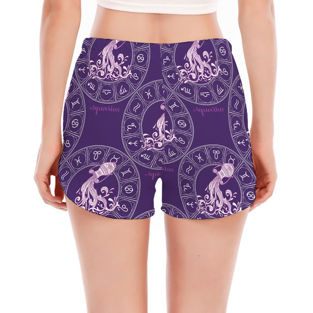 Purple Aquarius Zodiac Pattern Print Women's Split Running Shorts