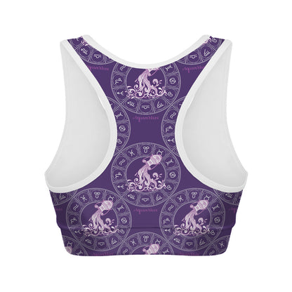 Purple Aquarius Zodiac Pattern Print Women's Sports Bra