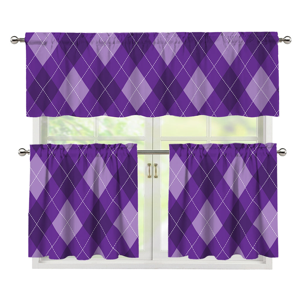 Purple Argyle Pattern Print 3 Piece Kitchen Curtains