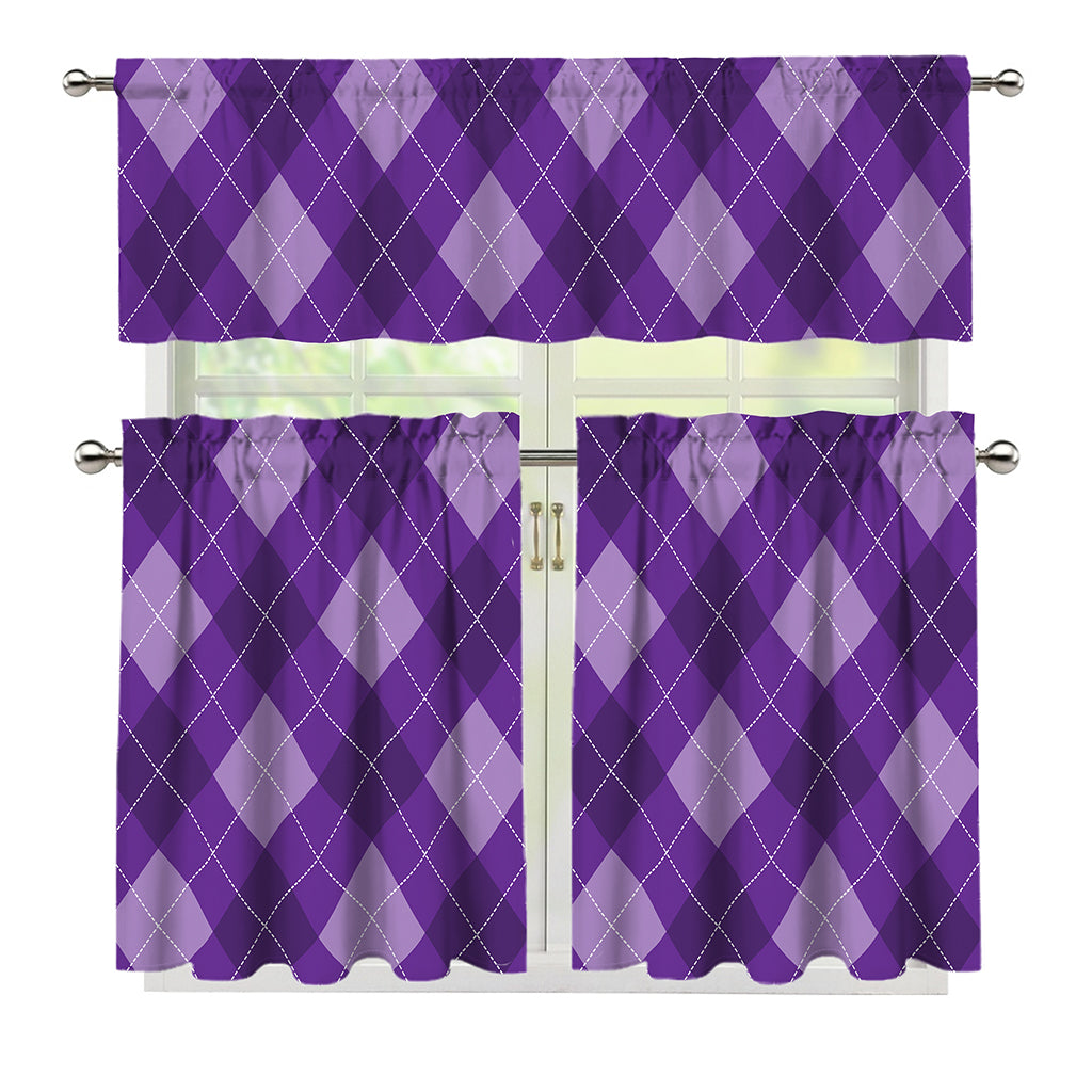 Purple Argyle Pattern Print 3 Piece Kitchen Curtains