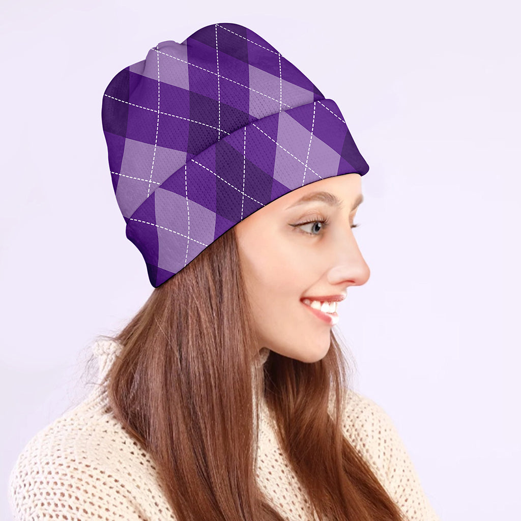 Purple Argyle Pattern Print Beanie