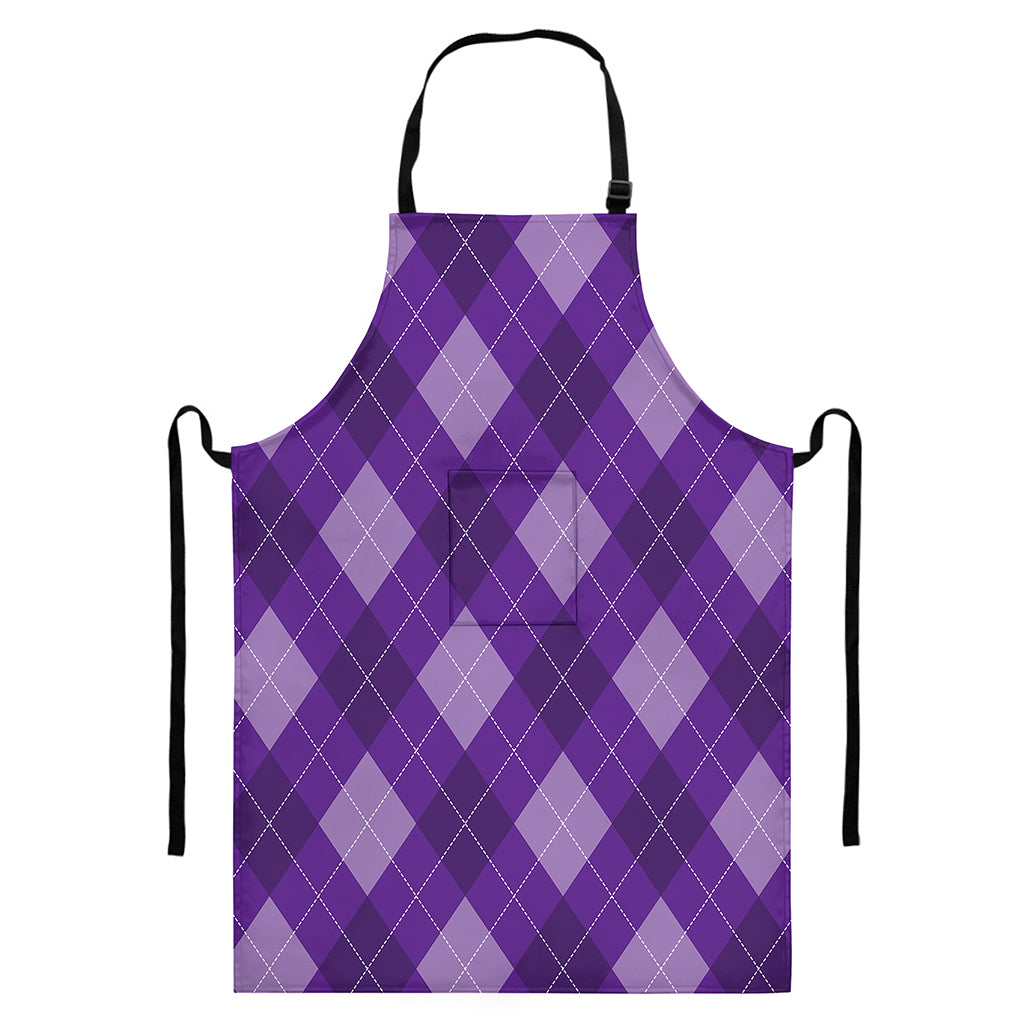 Purple Argyle Pattern Print Bib Apron With Pocket