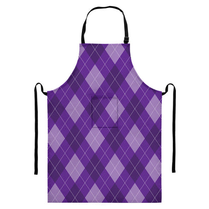 Purple Argyle Pattern Print Bib Apron With Pocket