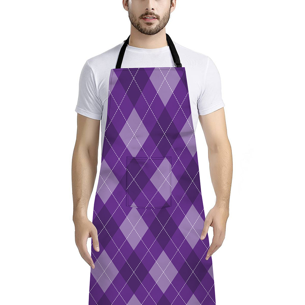 Purple Argyle Pattern Print Bib Apron With Pocket