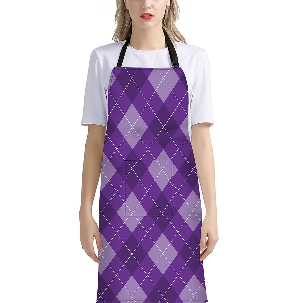 Purple Argyle Pattern Print Bib Apron With Pocket