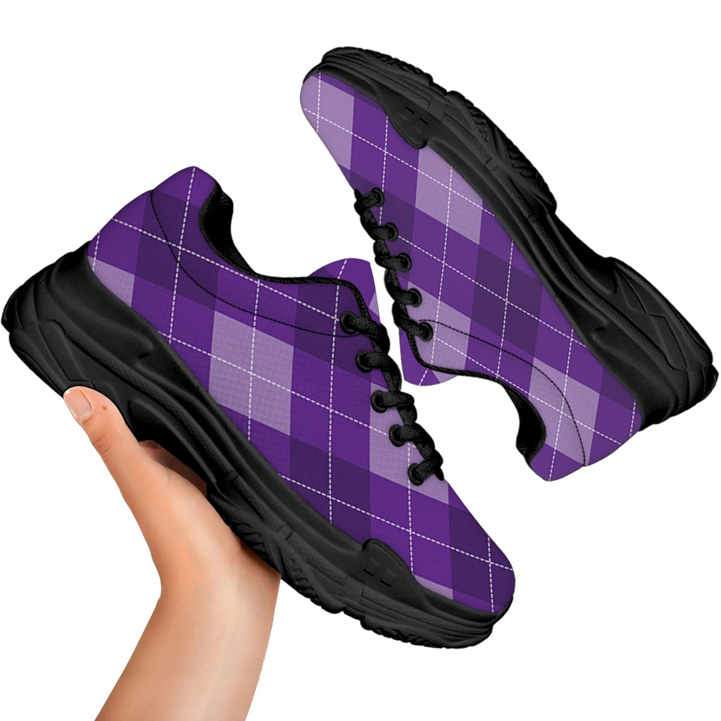 Purple Argyle Pattern Print Black Chunky Shoes