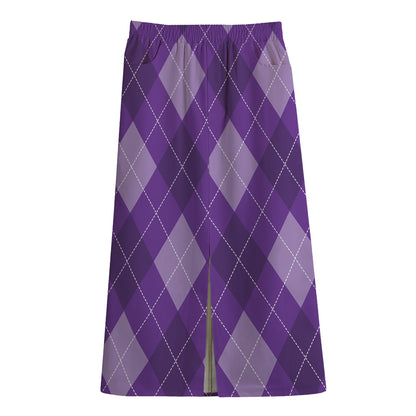 Purple Argyle Pattern Print Cotton Front Slit Maxi Skirt