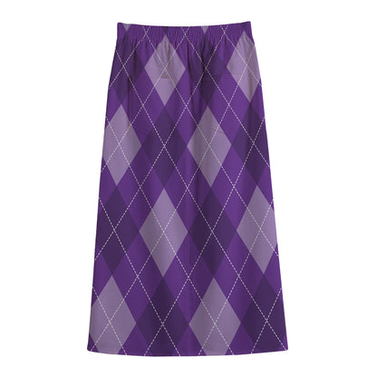 Purple Argyle Pattern Print Cotton Front Slit Maxi Skirt