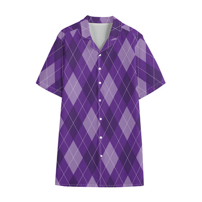 Purple Argyle Pattern Print Cotton Hawaiian Shirt