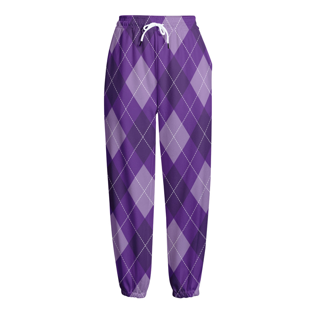 Purple Argyle Pattern Print Fleece Lined Knit Pants