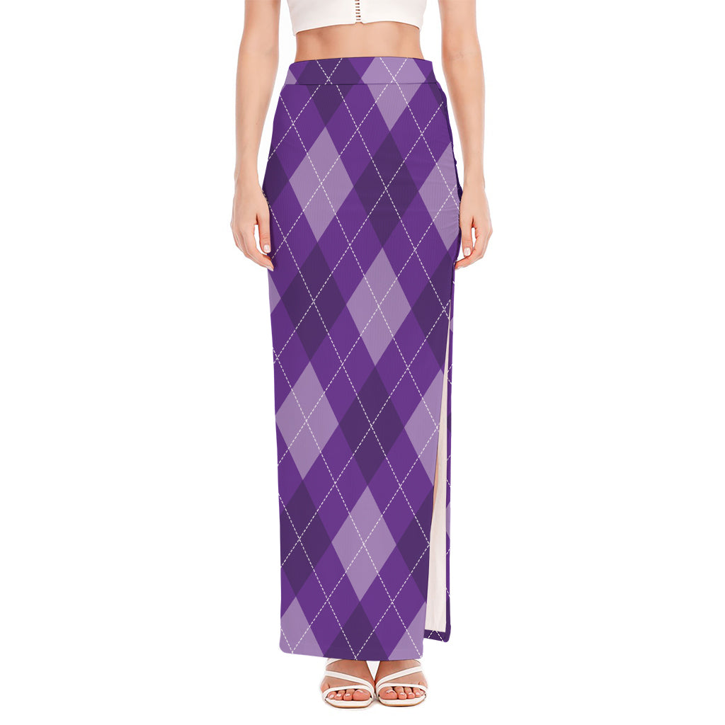Purple Argyle Pattern Print High Slit Maxi Skirt