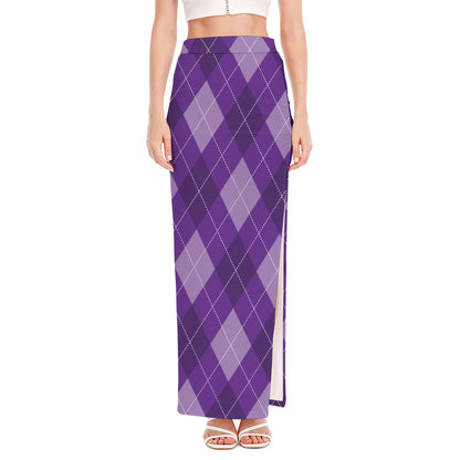 Purple Argyle Pattern Print High Slit Maxi Skirt