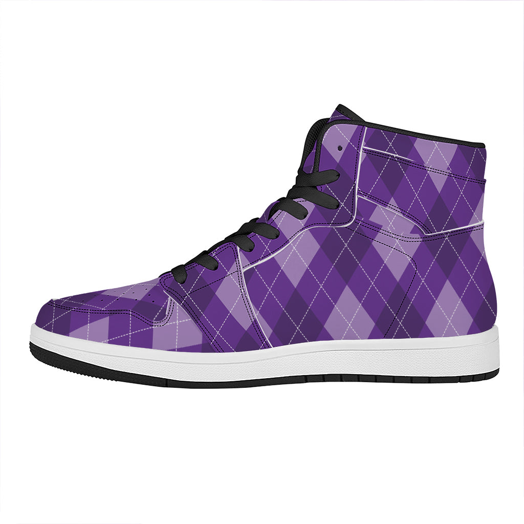 Purple Argyle Pattern Print High Top Leather Sneakers