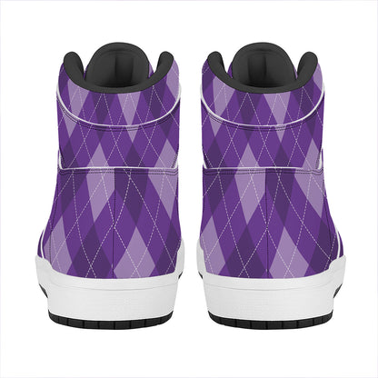 Purple Argyle Pattern Print High Top Leather Sneakers