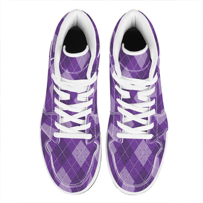 Purple Argyle Pattern Print High Top Leather Sneakers