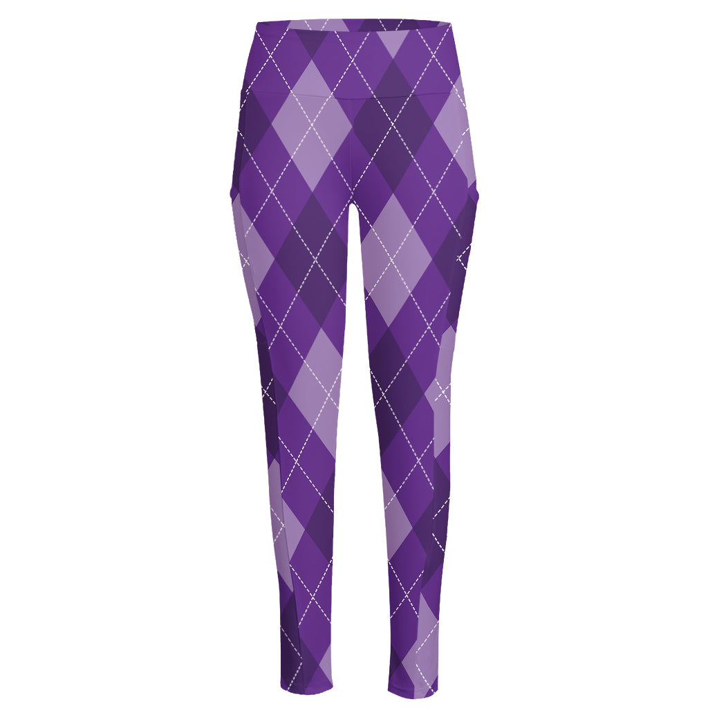 Purple Argyle Pattern Print High-Waisted Pocket Leggings