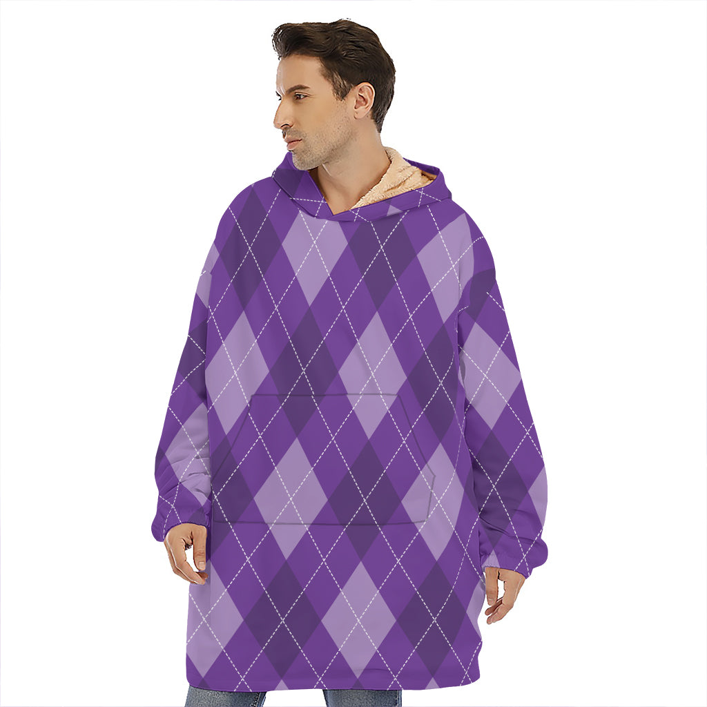 Purple Argyle Pattern Print Hoodie Blanket