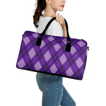 Purple Argyle Pattern Print Leather Duffle Bag