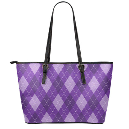 Purple Argyle Pattern Print Leather Tote Bag