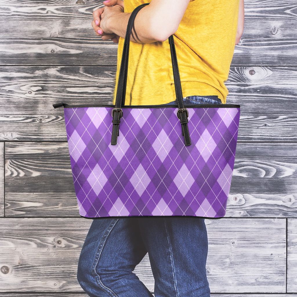 Purple Argyle Pattern Print Leather Tote Bag